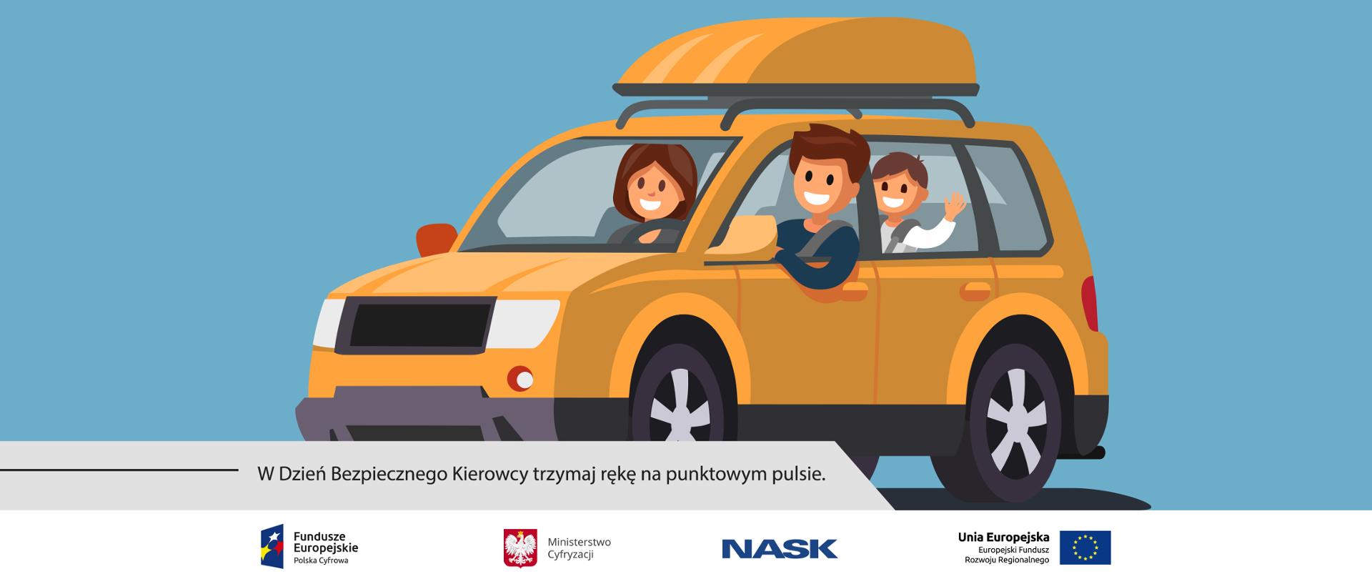 Grafika - rodzina w samochodzie - mama, tata i syn. Wszyscy uśmiechnięci wyglądają zza szyb auta. 