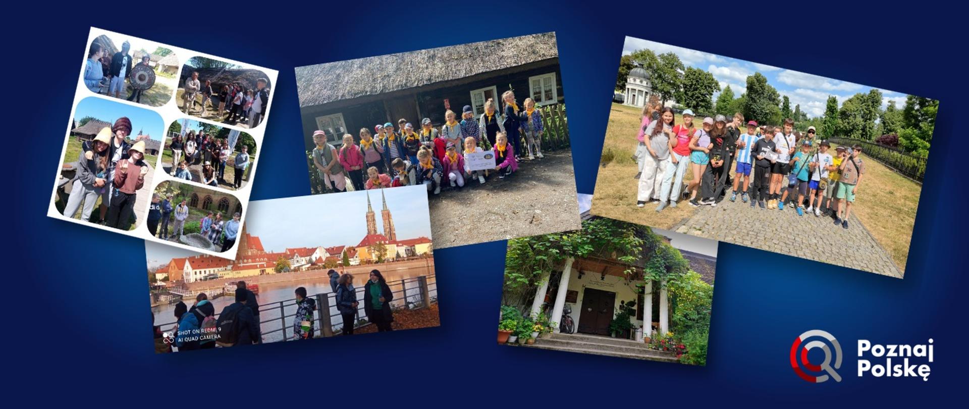 Kolaż przedstawiający kilka zdjęć z uczniami zwiedzającymi różne miejsca.
