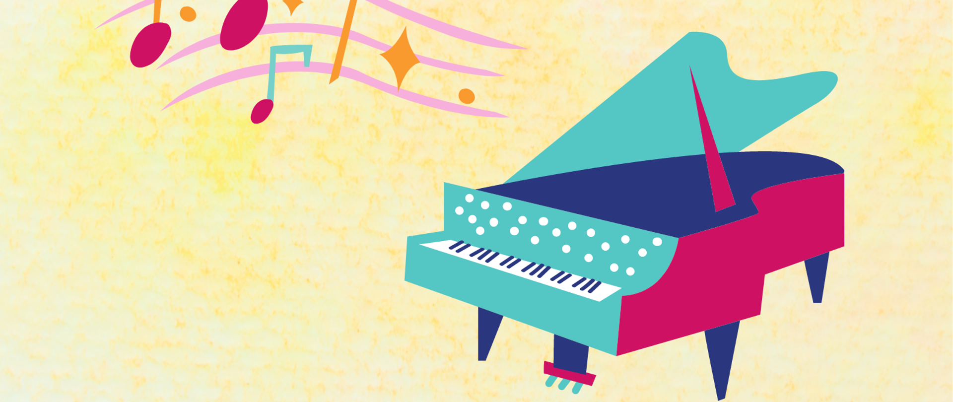 Żółte tło plakatu, czarny napis z informacją o koncercie, pod spodem rysunek kolorowego fortepianu i kolorowych nutek.