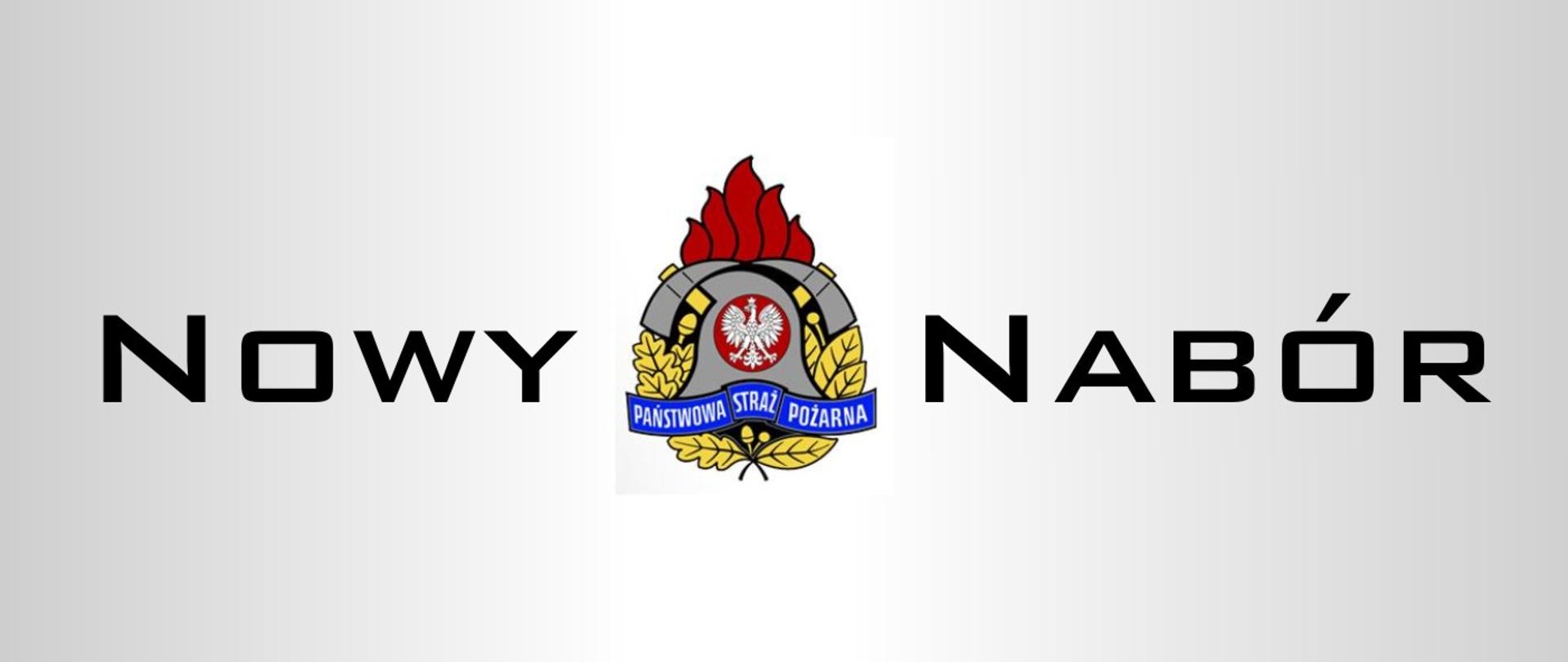 Logotyp Państwowej Straży Pożarnej na szarym tle z napisem "Nowy nabór"