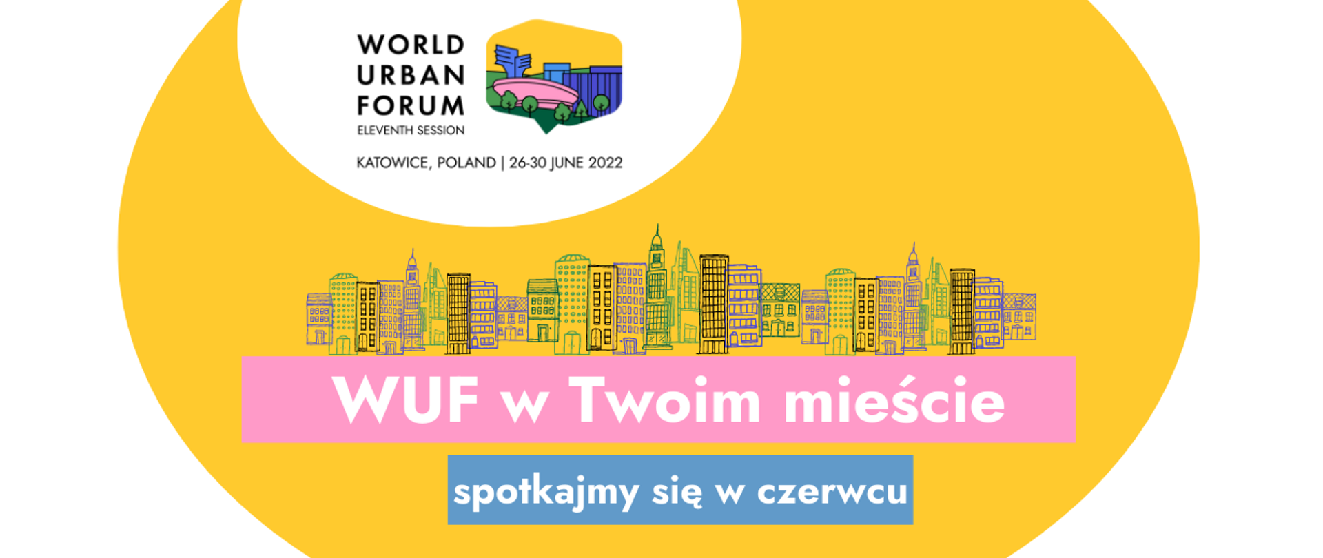 Na grafice rysunkowe budynki w kolorze zielonym, fioletowym i czarnym na żółtym tle. Poniżej tekst: WUF w Twoim mieście spotkajmy się w czerwcu. Na górze logo WUF11.