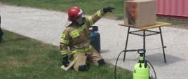Zdjęcie przedstawia strażaka – instruktora prezentującego na modelu wykonanego z płyty wiórowej pożar wewnątrz budynku. Wewnątrz modelu rozpalony jest ogień, którego języki i dym wydobywają się na zewnątrz. Strażak omawia poszczególne fazy pożaru. Strażak ubrany jest w odzież specjalną z hełmem na głowie. Na twarz ma założoną specjalną maskę. 