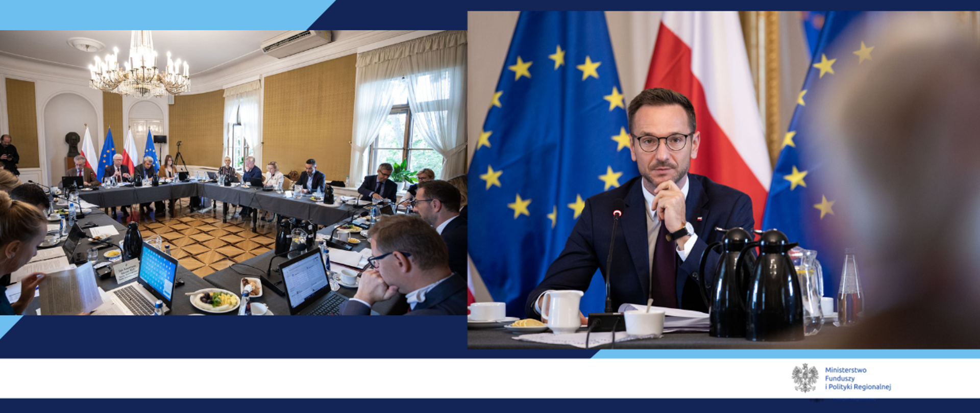 Kolaż zdjęc ze spotkania z Komisją Europejską. Grupa osób przy stole i minister Waldemar Buda