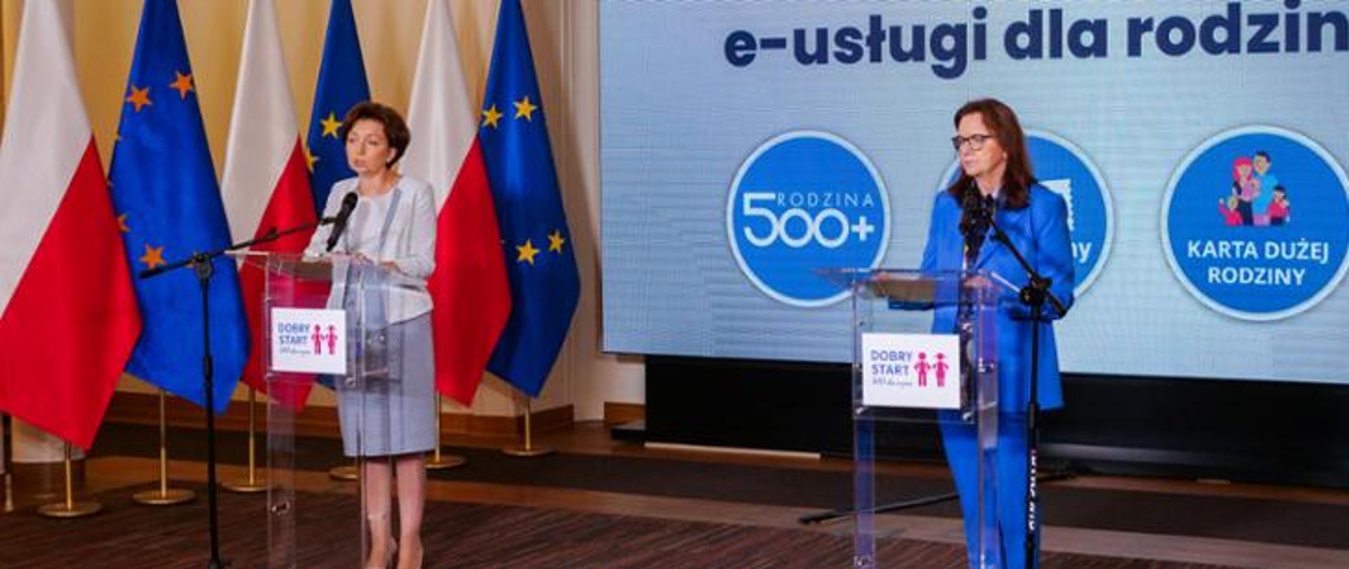 Konferencja prasowa. Na pierwszym planie minister Maląg oraz prezes ZUS stoją przy mównicach. W tle stojące flagi Polski i UE.