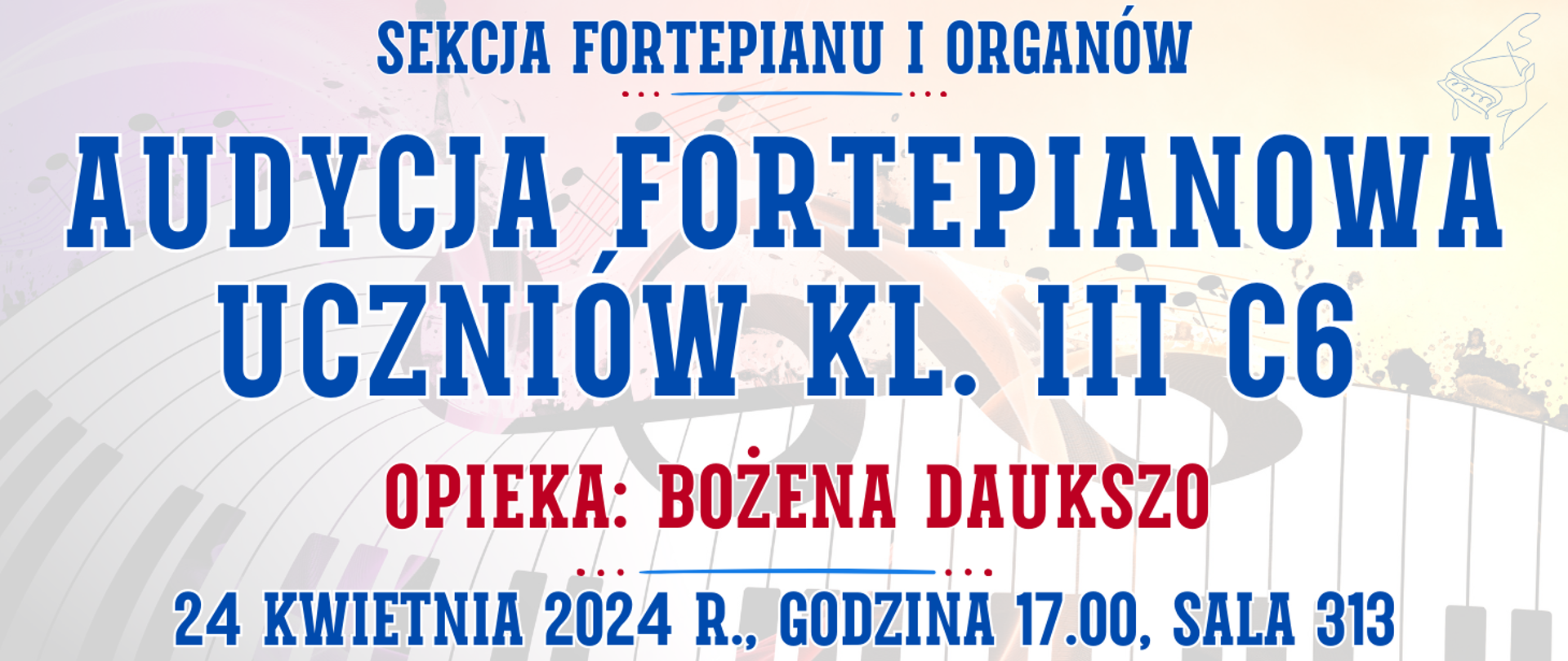 kolorowe tło z muzycznymi elementami typu clipart oraz informacja o wydarzeniu