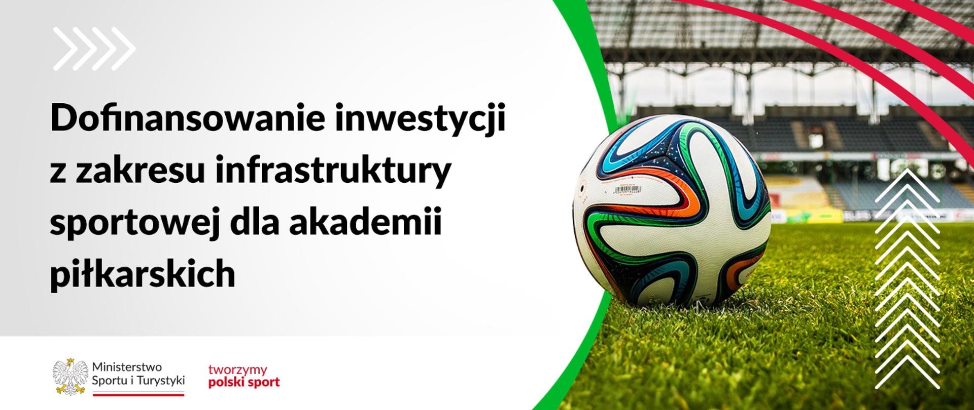 Na samej górze grafiki znajduje czarny napis na białym tle o treści: Dofinasowanie inwestycji z zakresu infrastruktury sportowej dla akademii piłkarskich. Na samym dole znajduje się logotyp Ministerstwa sportu i Turystyki oraz hasło tworzymy polski sport. Po prawej stornie grafiki znajduję się zdjęcie piłki na murawie stadionu.