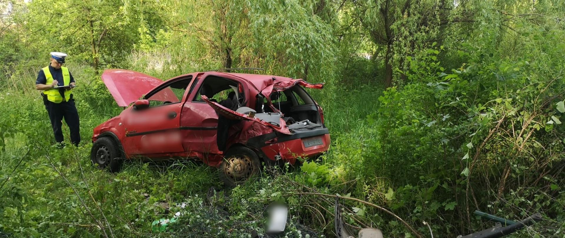 Obraz przedstawia wrak samochodu osobowego po wypadku. Pojazd na terenie ogródków działkowych, w tle drzewa. Przy pojeździe policjant sporządzający dokumentację. Pora dzienna
