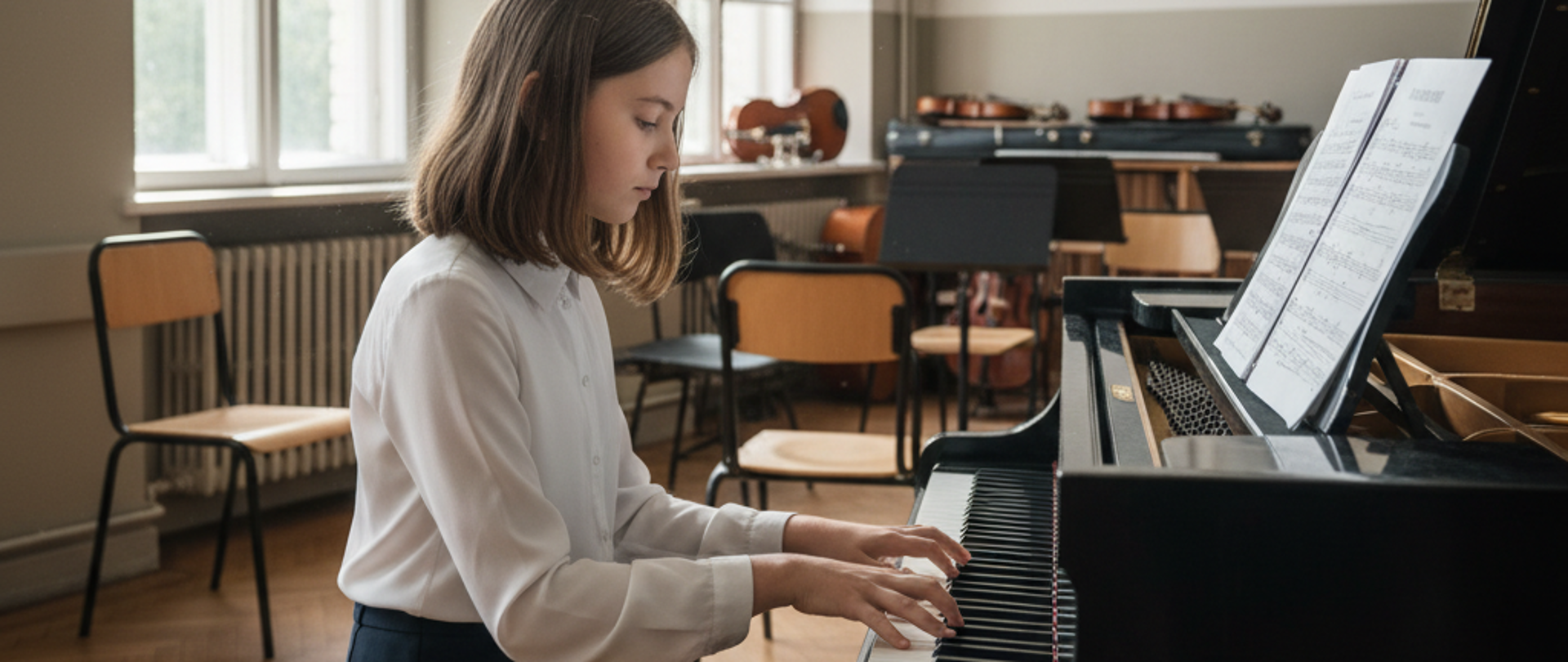 Młoda pianistka przy fortepianie