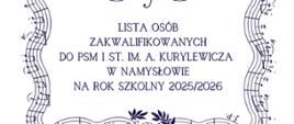 Plakat z białym tłem, na środku zapis " Lista osób zakwalifikowanych do PSM I st. im. A. Kurylewicza w Namysłowie na rok szkolny 2025/2026" otoczony czarną pięciolinią z nutami.