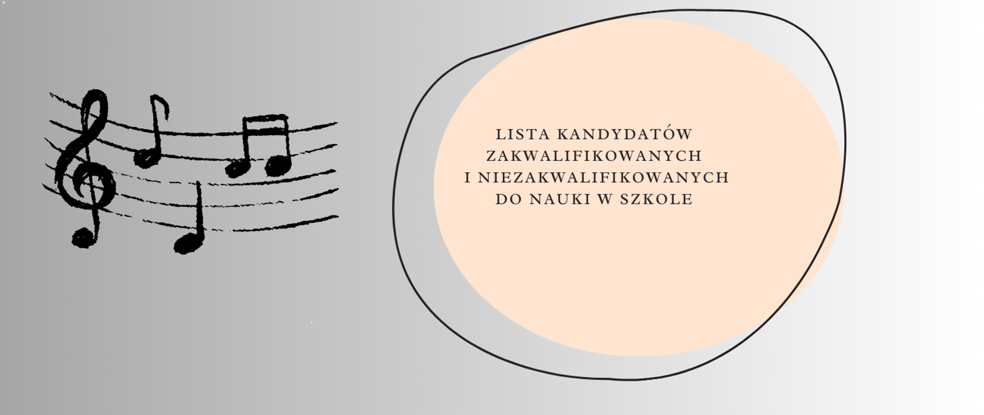 Plakat z nutami na pięciolinii, napis lista kandydatów zakwalifikowanych i niezakwalifikowanych do nauki w szkole.
