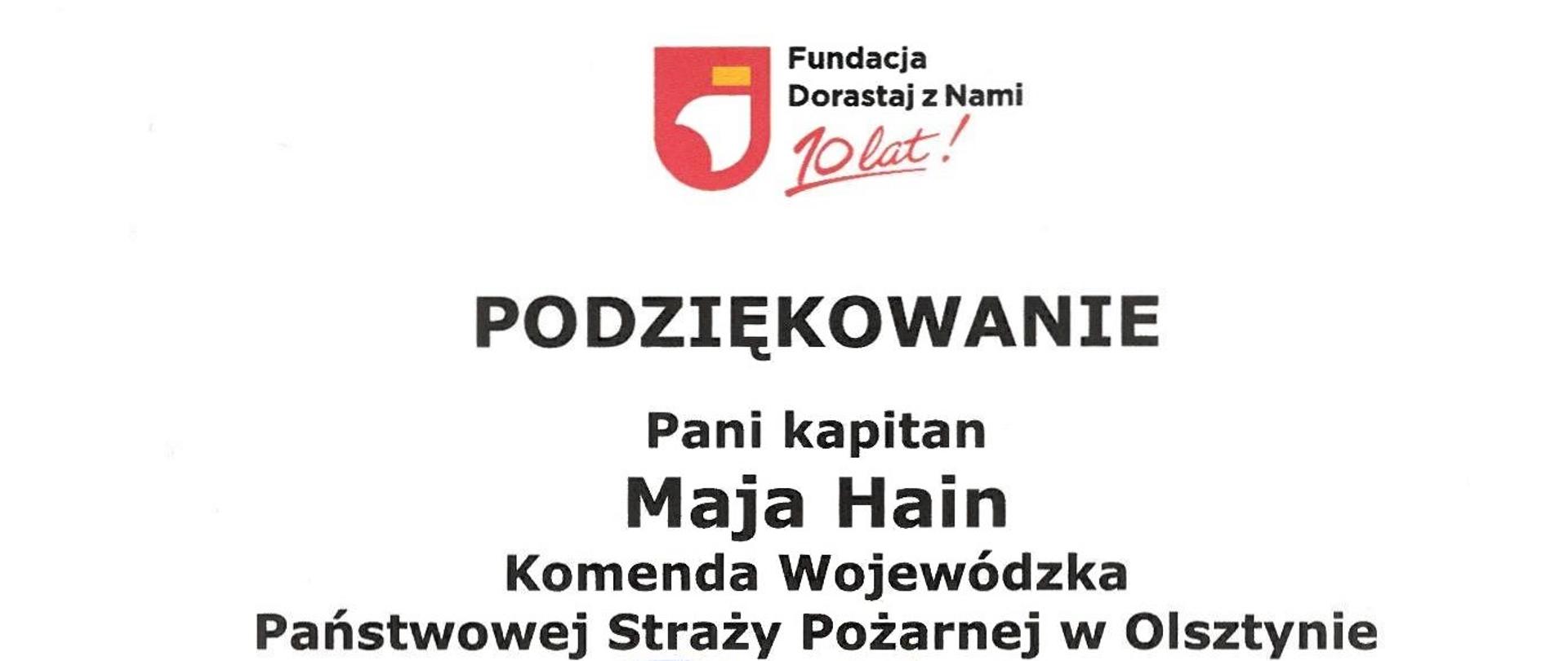 Podziękowanie dla kpt. M. Hain