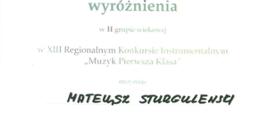 XIII Regionalny Konkurs Instrumentalny Muzyk Pierwsza Klasa, Biskupiec 22-23 listopada 2024, wyróżnienie w II grupie wiekowej, Mateusz Sturgulewski
