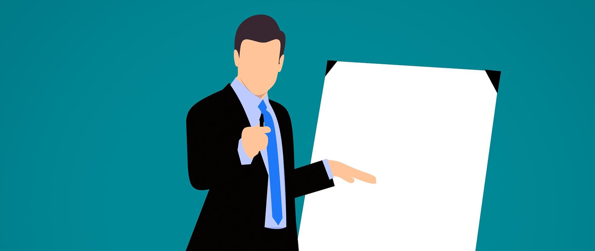 Grafika. Mężczyzna ubrany w garnitur stoi przy tablicy i przemawia do audytorium.