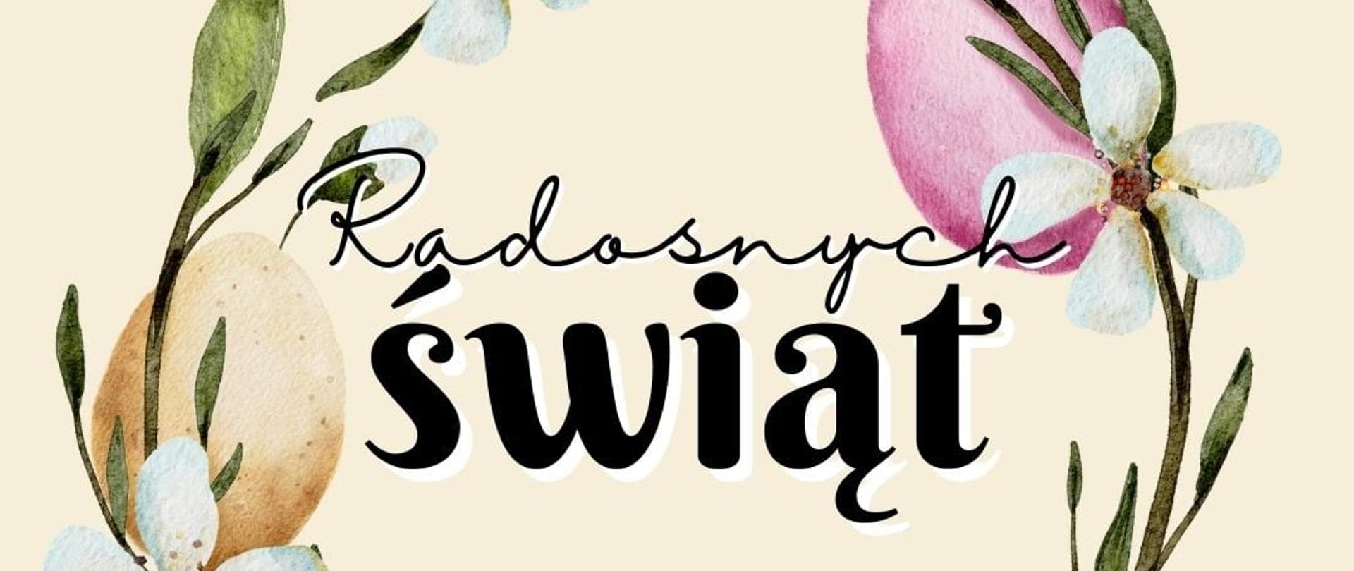 Napis Radosnych Świąt - z gałązek i pisanek zrobiono koło, w środku umieszczono napis Radosnych świąt