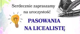 Zaproszenie na uroczystość pasowania na licealistę w Zespole Szkół Muzycznych im. Stanisława Moniuszki w Wałbrzychu z okazji 80-lecia szkoły. Data: 10 października 2025, godzina 11:35, miejsce: aula przy ul. Moniuszki 41. Grafika przedstawia uczniów w stroju galowym, elementy szkolne oraz cytat o nauce.