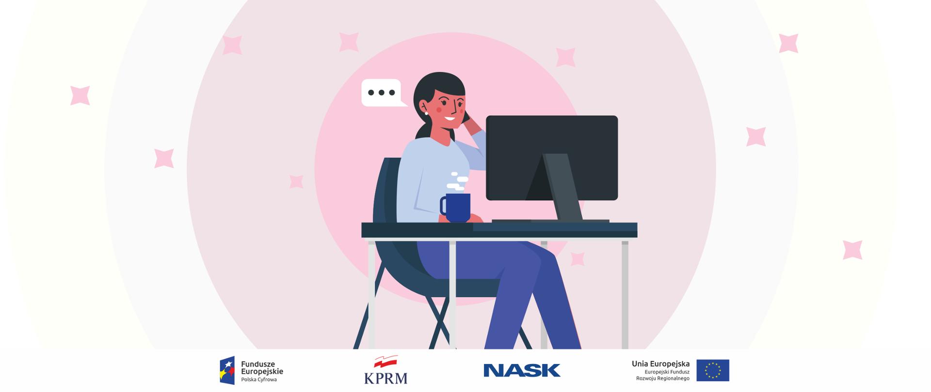 Grafika wektorowa - kobieta siedzi przy biurku, na którym stoi komputer i kawa.