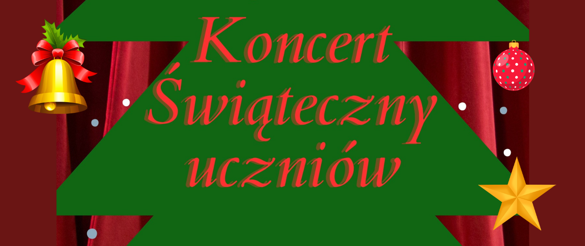 baner na bordowym tle, na środku część choinki, na której znajduję się zielony napis