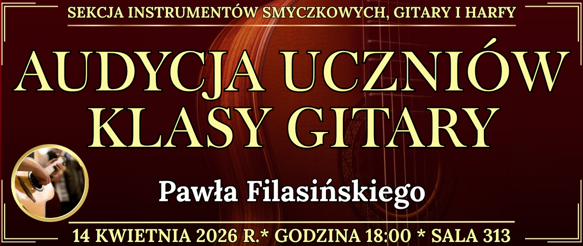 baner w ciemnym tle gitara akustyczna oraz informacja o wydarzeniu 