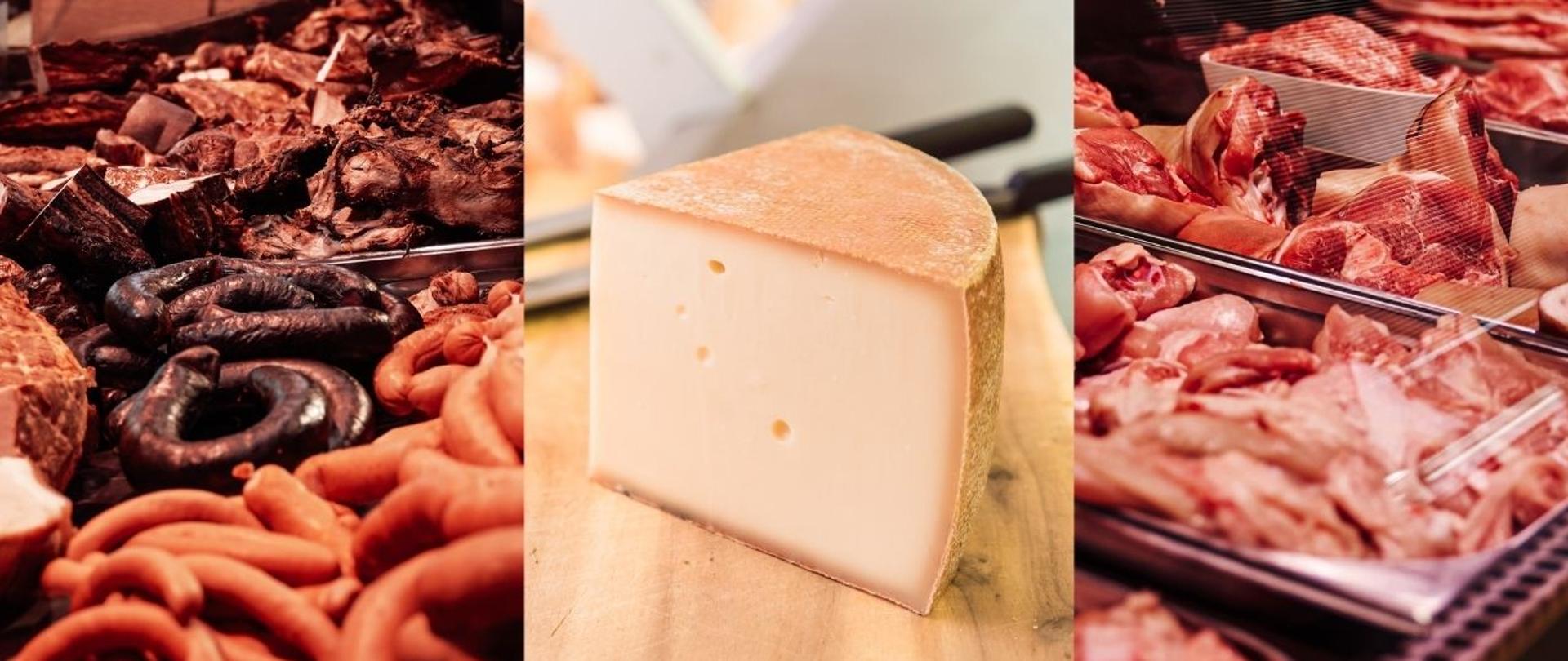 Stoisko z żywnością: po lewej wyroby mięsne i kiełbasy, pośrodku kawałek dojrzewającego sera na drewnianej desce, po prawej surowe mięso ułożone w ladzie chłodniczej.