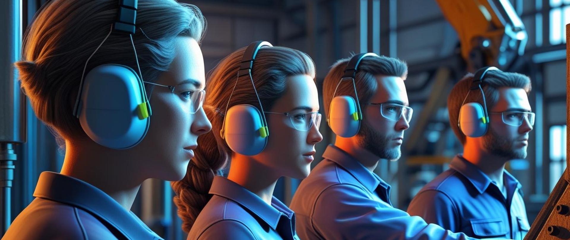 cztery osoby- 2 kobiety i 2 mężczyzn ubrane w odcieniach niebieskiego z ochronnikami słuchu w okularach. 