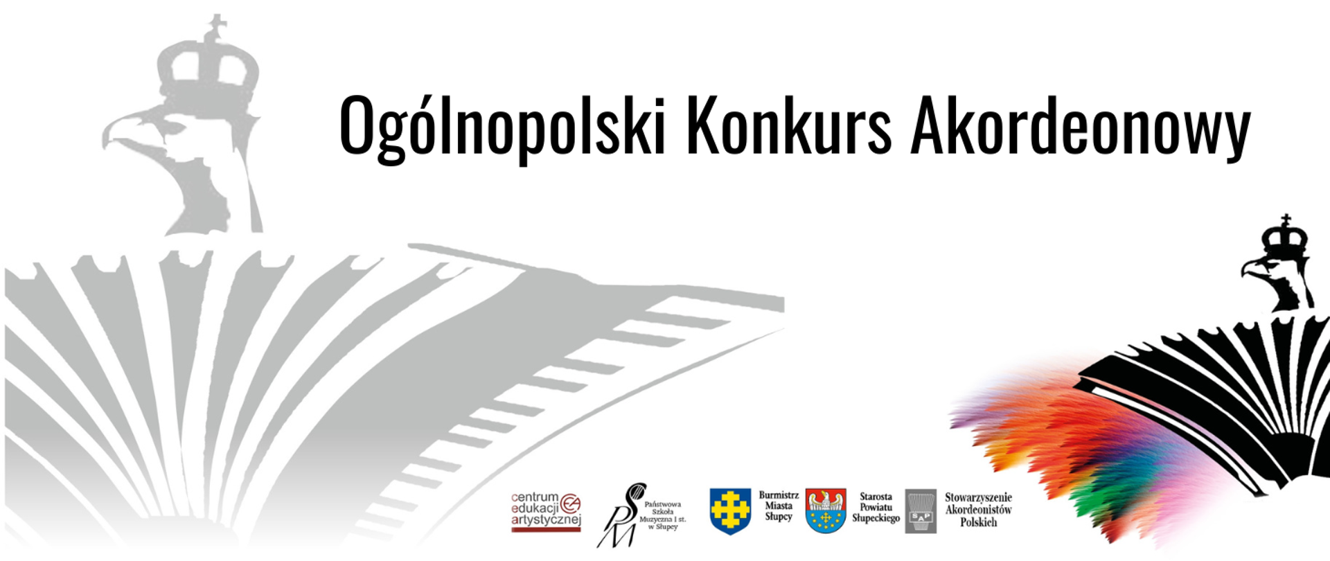 plakat poziomy z informacją o ogólnopolskim konkursie akordeonowym, ikonografia akordeonu zwieńczona głową orła, logo sponsorów, wszystko na białym tle