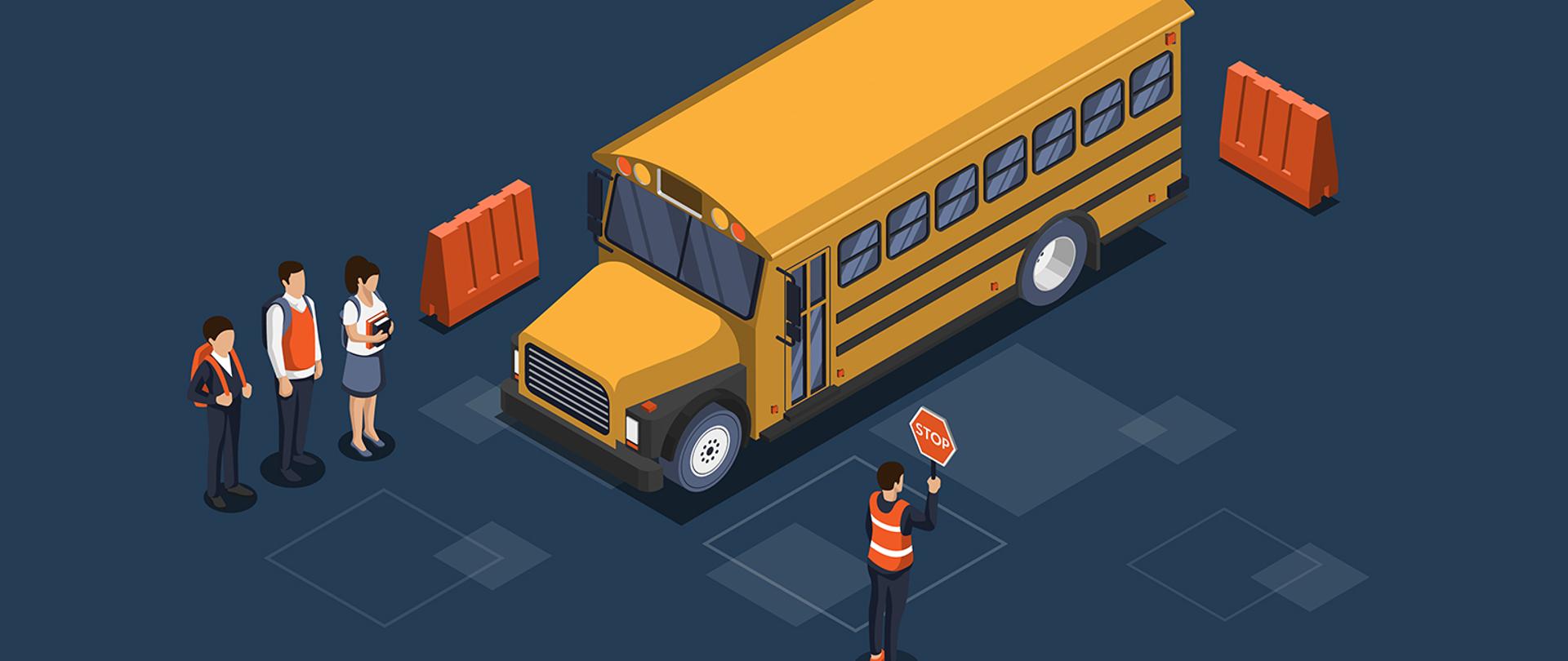 grafika przestawia autobus, człowieka ze znakiem stop i kolejke ludzi czekających na sprawdzenie