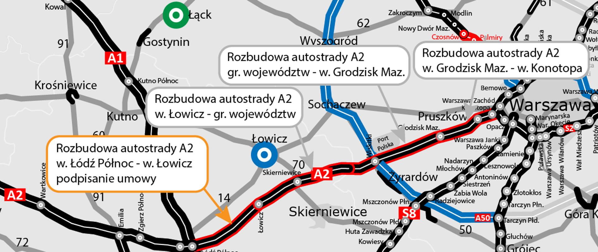 Mapka prezentująca odcinki A2, które zostaną rozbudowane