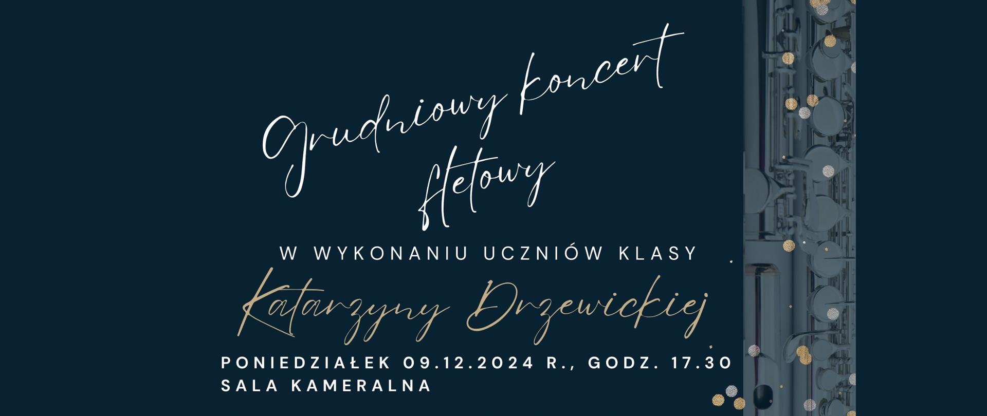 Plakat z białymi i złotymi literami na granatowym tle. Po prawej pionowo flet poprzeczny.
