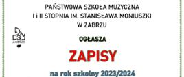 Na białym tle nazwa szkoły oraz informacja o zapisach. Z lewej strony logo szkoły.