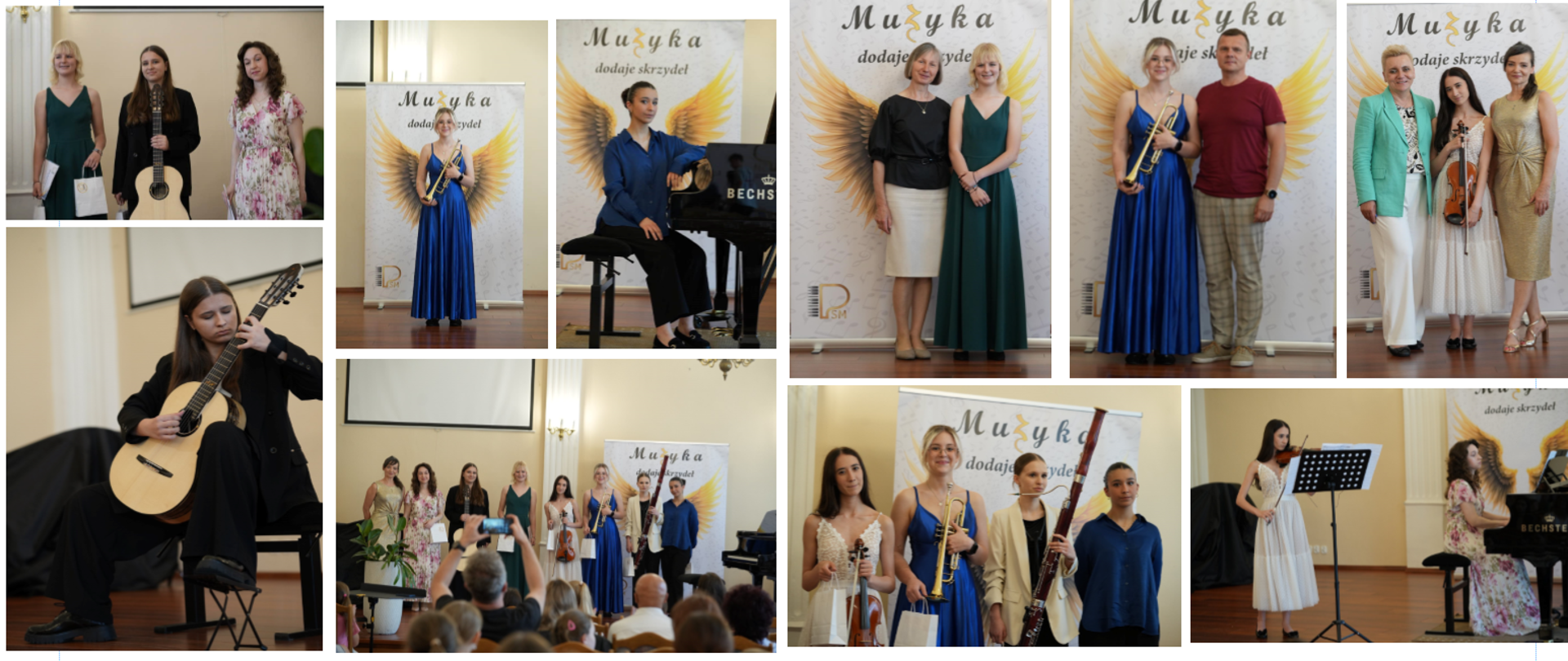 Wykonawcy i nauczyciele podczas Koncertu Absolwentek na scenie sali koncertowej w Państwowej Szkole Muzycznej I st. w Lublińcu