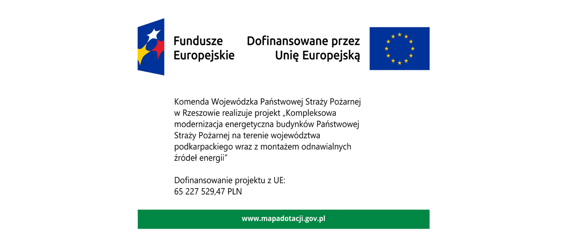 Plakat informacyjny o dofinansowaniu z Funduszy Europejskich. Po lewej stronie znajduje się kolorowe logo Funduszy Europejskich, a po prawej flaga Unii Europejskiej z żółtymi gwiazdami na niebieskim tle. W centralnej części umieszczono tekst informujący, że Komenda Wojewódzka Państwowej Straży Pożarnej w Rzeszowie realizuje projekt kompleksowej modernizacji energetycznej budynków wraz z montażem odnawialnych źródeł energii. Podany jest także poziom dofinansowania: 65 227 529,47 PLN. Na dole plakat zawiera zielony pasek z adresem strony internetowej www.mapadotacji.gov.pl.