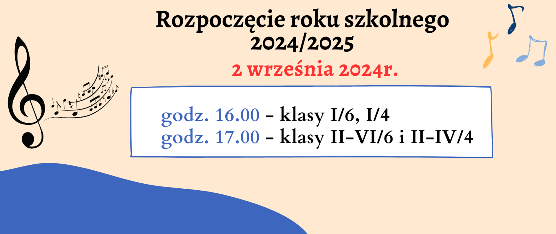 baner informujący o rozpoczęciu roku. Czarne i czerwone litery na beżowo niebieskim tle.