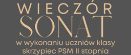 Plakat promujący wydarzenie muzyczne pt. 'Wieczór Sonat' organizowane przez Państwową Szkołę Muzyczną I i II stopnia im. Ignacego Jana Paderewskiego w Stalowej Woli. Występ w wykonaniu uczniów klasy skrzypiec PSM II stopnia, prowadzony przez Piotra Cebulę. Koncert odbędzie się 13 lutego 2025 roku o godzinie 19:00 w sali koncertowej. Tło plakatu jest ciemnoszare, a tekst w eleganckim, beżowym kolorze. W centralnej części widnieje duży napis 'WIECZÓR SONAT'. Na dole plakatu znajduje się realistyczne zdjęcie skrzypiec i smyczka ułożonych na ciemnym tle, nadające całości artystyczny i klasyczny charakter.