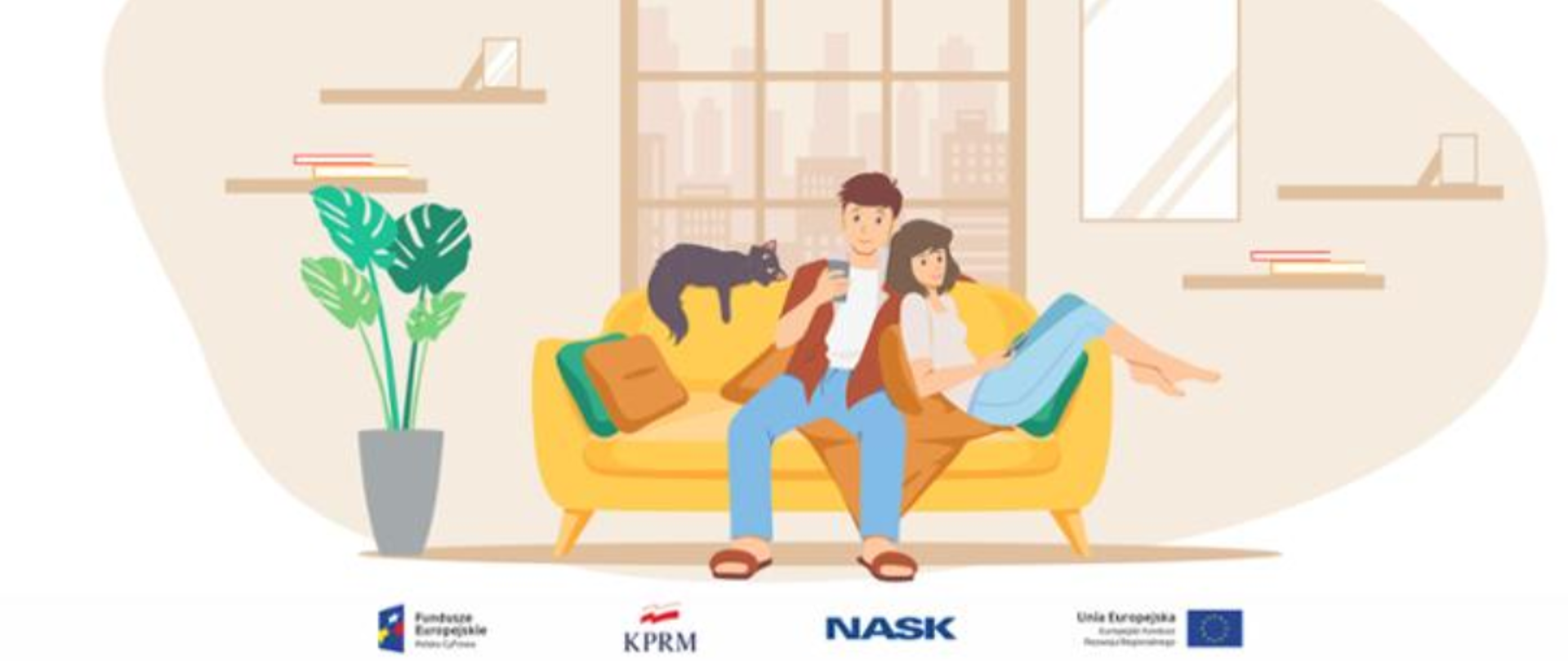 Para z kotem siedzi na kanapie.