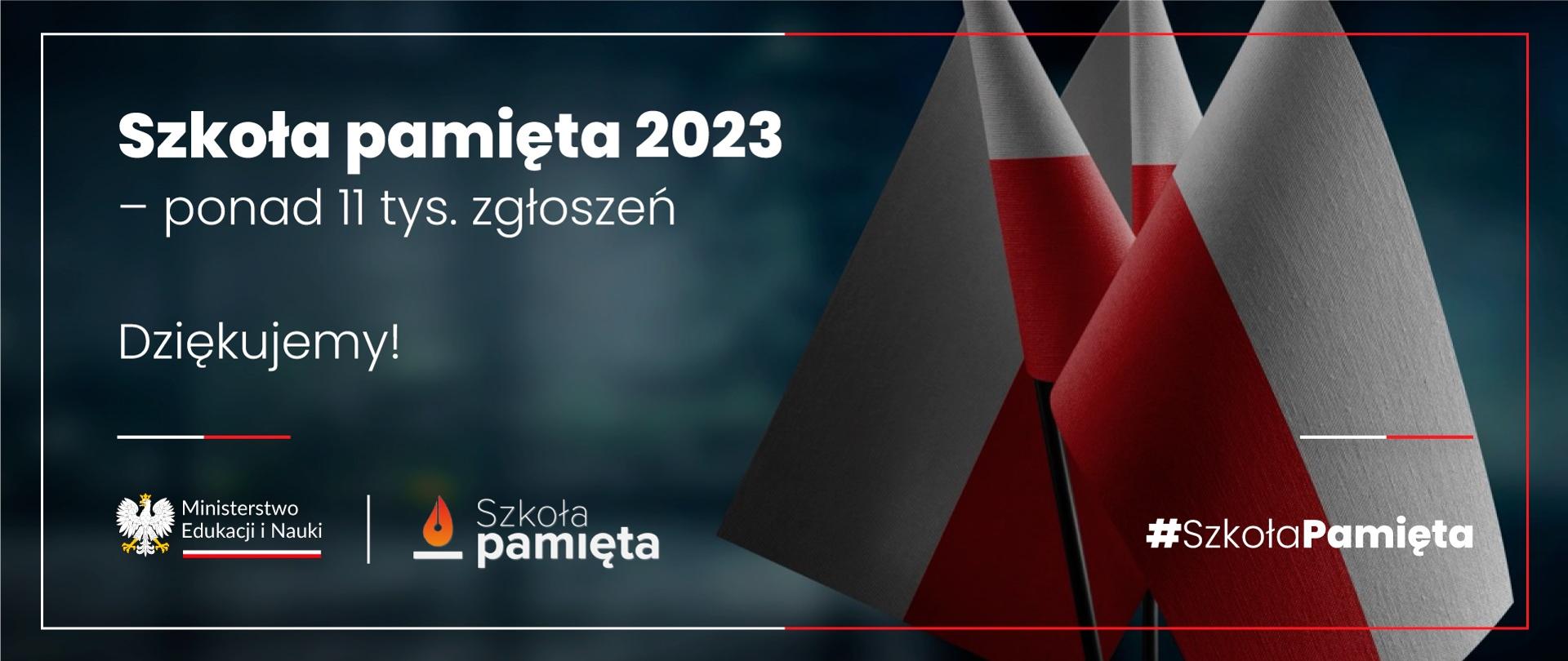 Grafika - na szaroniebieskim tle dwie polskie flagi, obok napis Szkoła pamięta 2023 - ponad 11 tys. zgłoszeń.