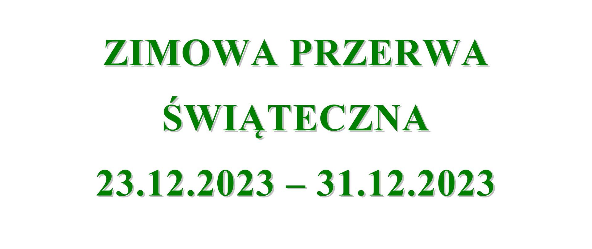 Plakat wykonany na białym tle. W górnym lewym rogu znajduje się choinka z prezentami. W dolnym lewym rogu znajduje się ozdoba świąteczna koloru zielonego z czerwonymi owocami wewnątrz i złotą wstążką. Na środku plakatu zielonym kolorem trzcionki wypisany jest okres przerwy świątecznej.