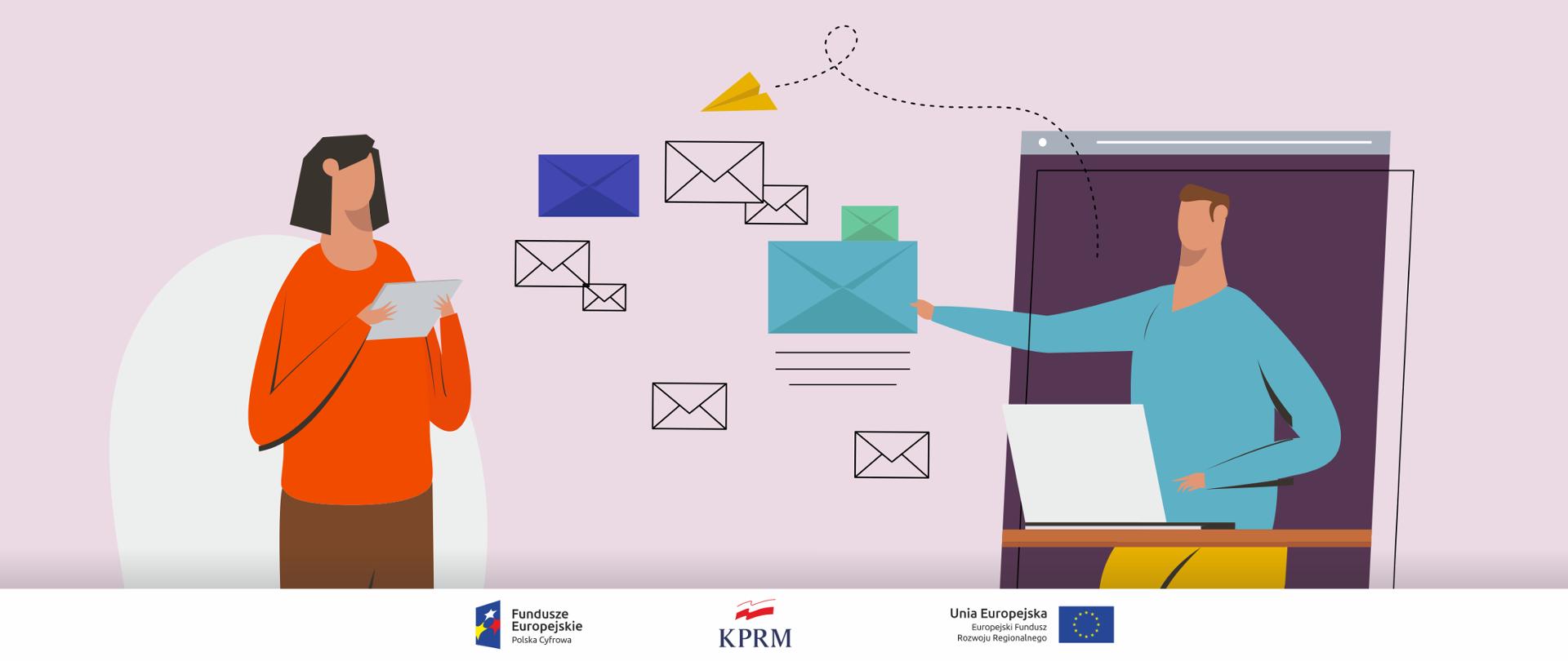 Kolorowa grafika wektorowa. Z prawej strony mężczyzna podający niejako "z komputera" kopertę z pismem. Z lewej strony kobieta - czytająca pismo. Pomiędzy nimi symbole kopert.
