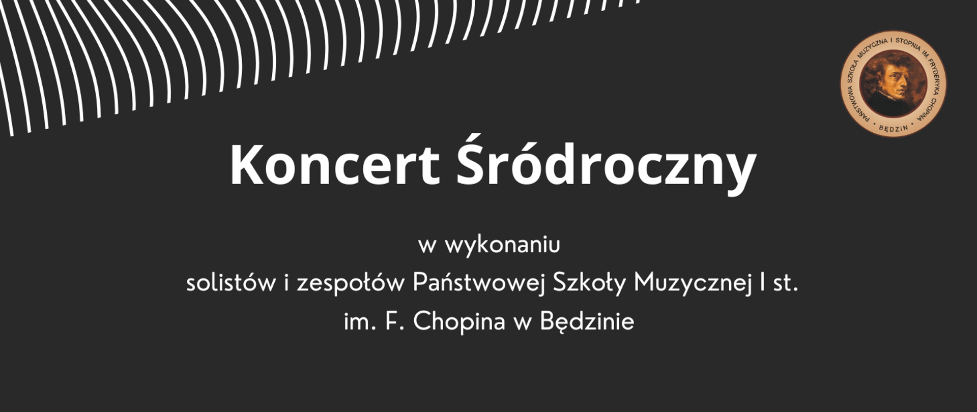 baner na czarnym tle, w lewym górnym rogu białe kreski, na środku napis, po prawej logo szkoły