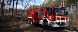 ciężki pojazd gaśniczy na gruntowej drodze w lesie
