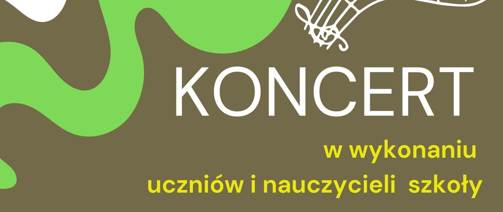 Plakat z informacja o koncercie uczniów i nauczycieli. Tło stanowi barwna abstrakcja oraz biała pięciolinia z kluczem wiolinowym i nutami.