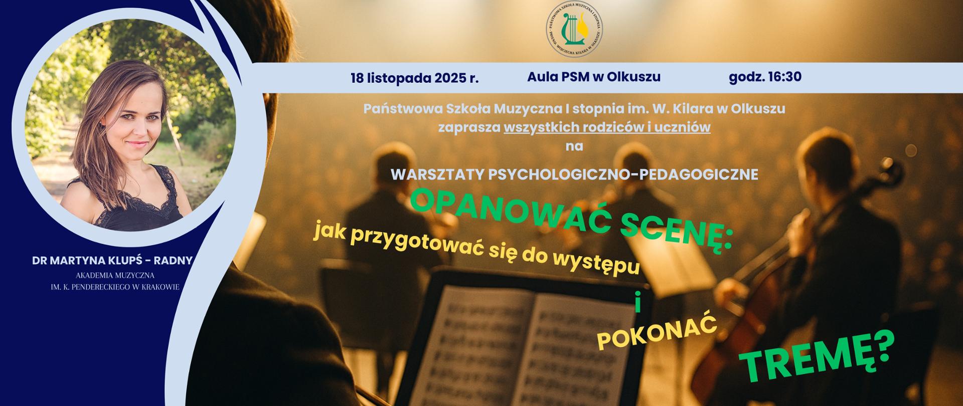 z lewej strony zdjęcie prowadzącej na tle granatowym, z prawej strony fragment sceny z muzykami podczas koncertu, na górze pasek szary i napisy białe, czarne i zielone