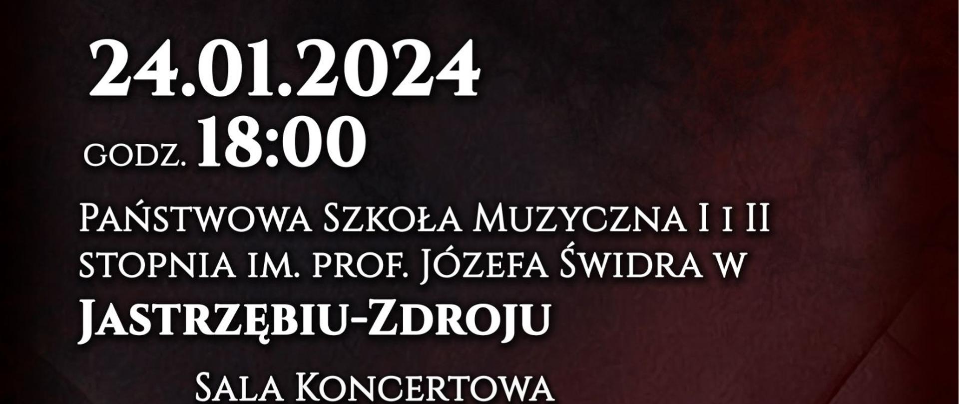 Plakat informacyjny dotyczący Recitalu fortepianowego odbywającego się w dniu 24.01.2024 r. o godz. 18.00.