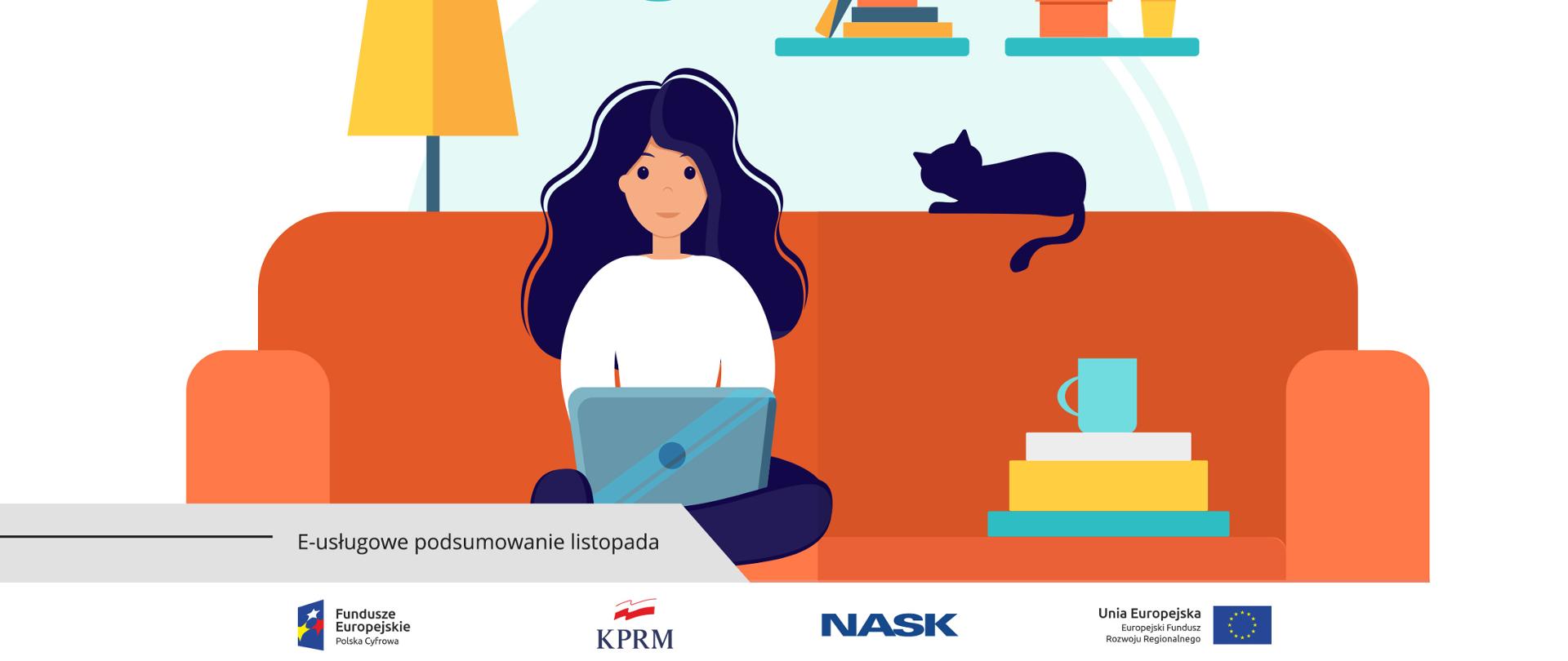 Grafika wektorowa - kobieta siedzi na kanapie, na kolanach trzyma laptopa. Obok niej (po jej lewej stronie) na kanapie leżą ksiażki, na których stoi kubek. Z tej samej strony - na oparciu kanapy siedzi kot.