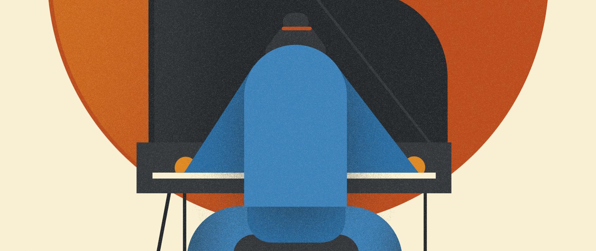 Rysunkowa postać ubrana na niebiesko siedząca przy fortepianie tyłem do widza na tle pomarańczowego koła.