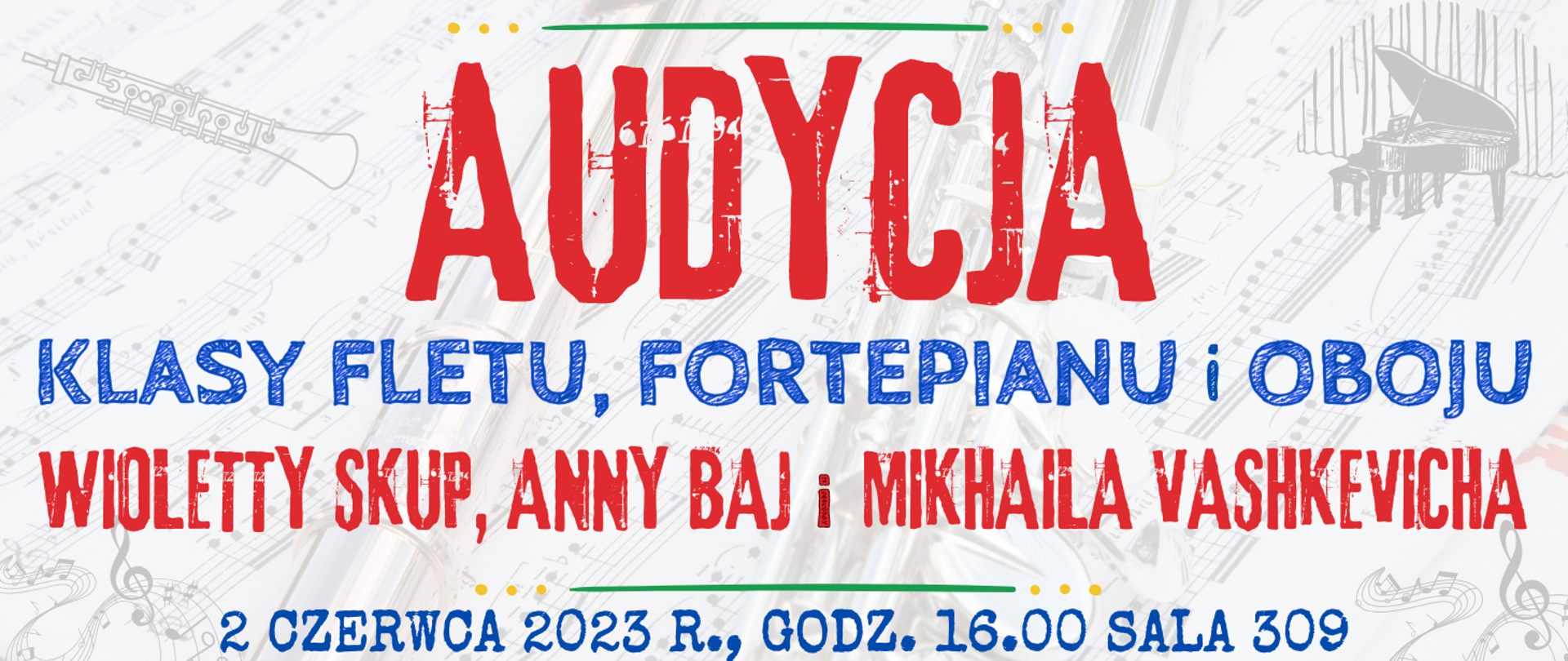transparentne tło z elementami muzycznymi na nim informacja o audycji klasy fletu, fortepianu i oboju