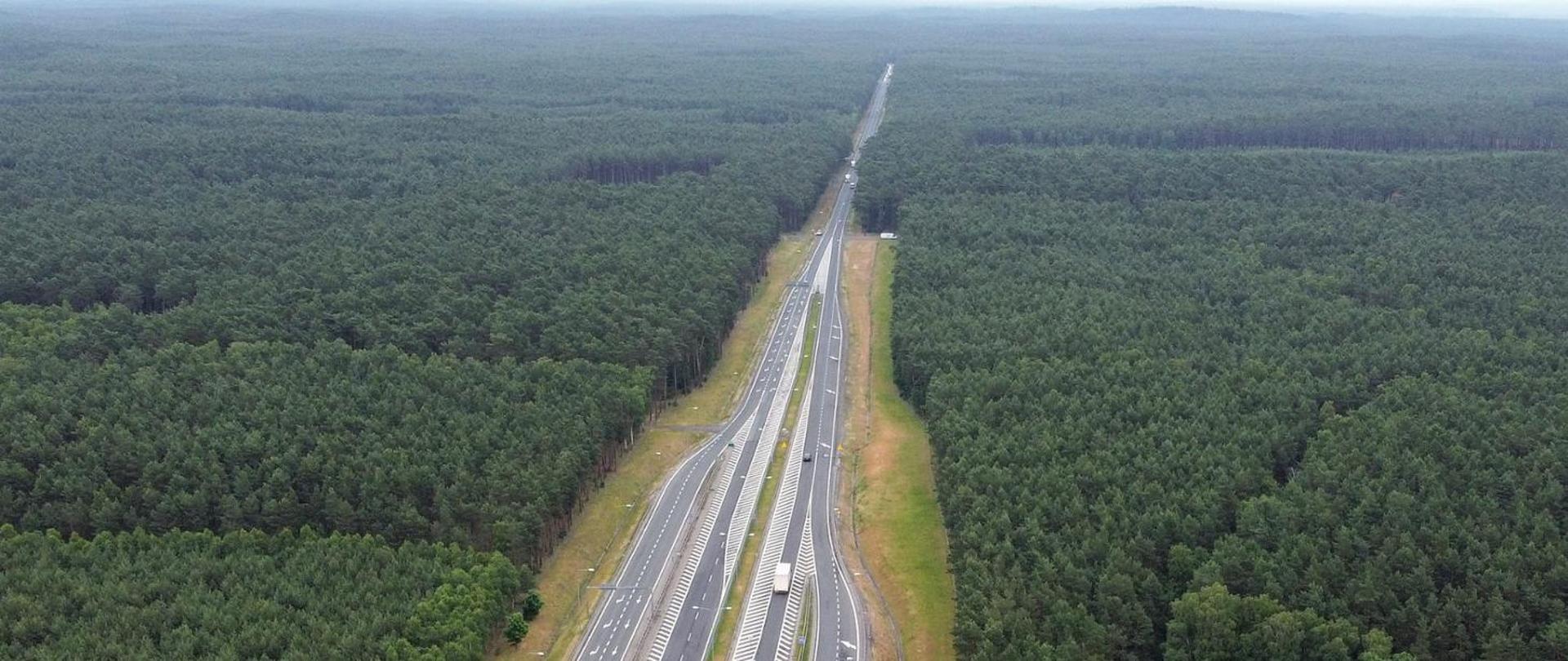 Na zdjęciu widać biegnącą pośród lasów drogę ekspresową S10.