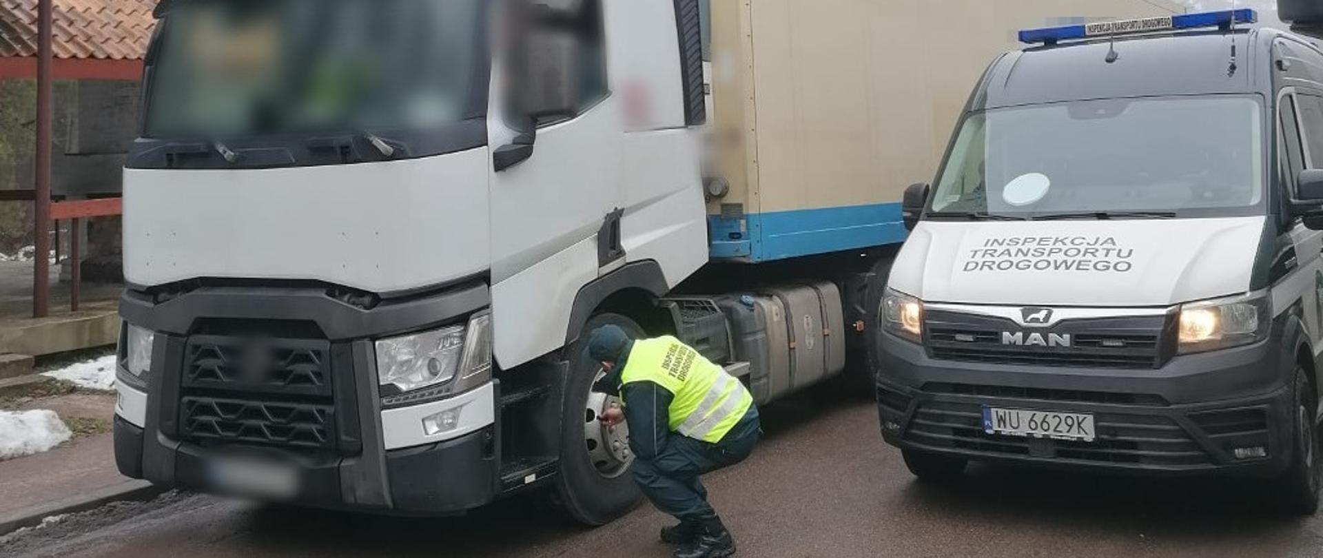 Ukraiński zestaw ciężarowy kontrolowany przez inspektorów podlaskiej Inspekcji Transportu Drogowego.