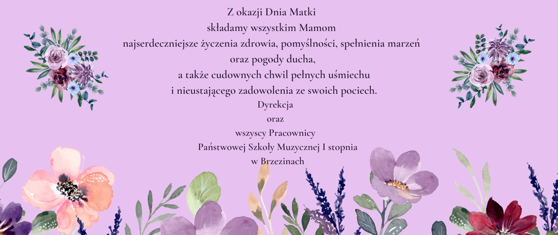 Grafika przedstawia na fioletowym tle z kwiatami życzenia z okazji Dnia Matki.