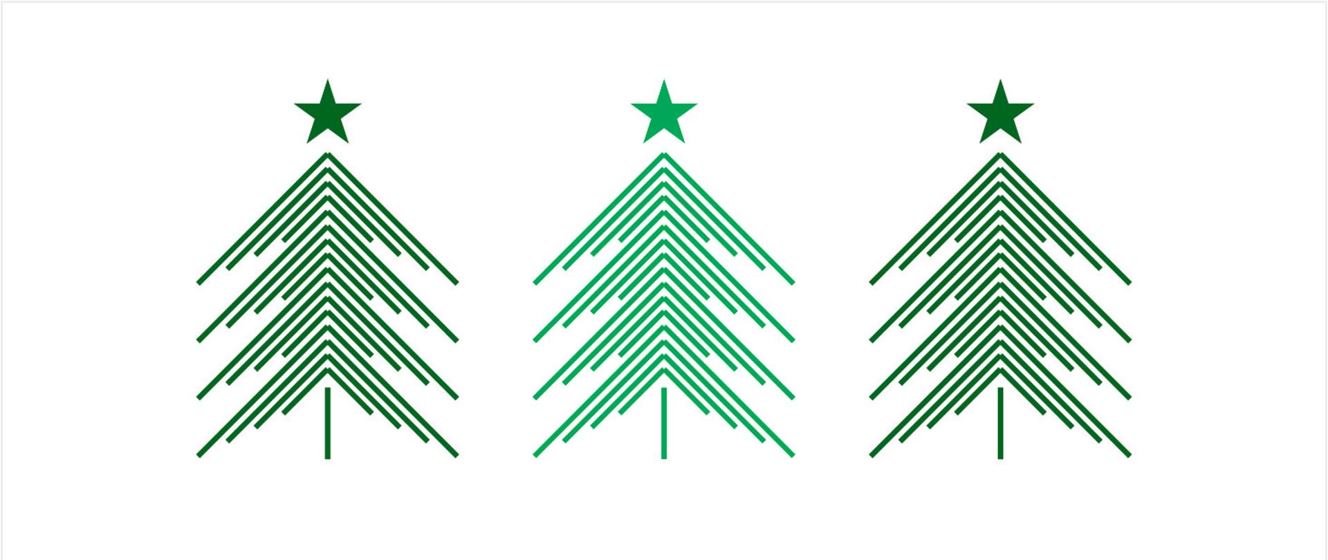 na białym tle grafika trzech zielonych choinek