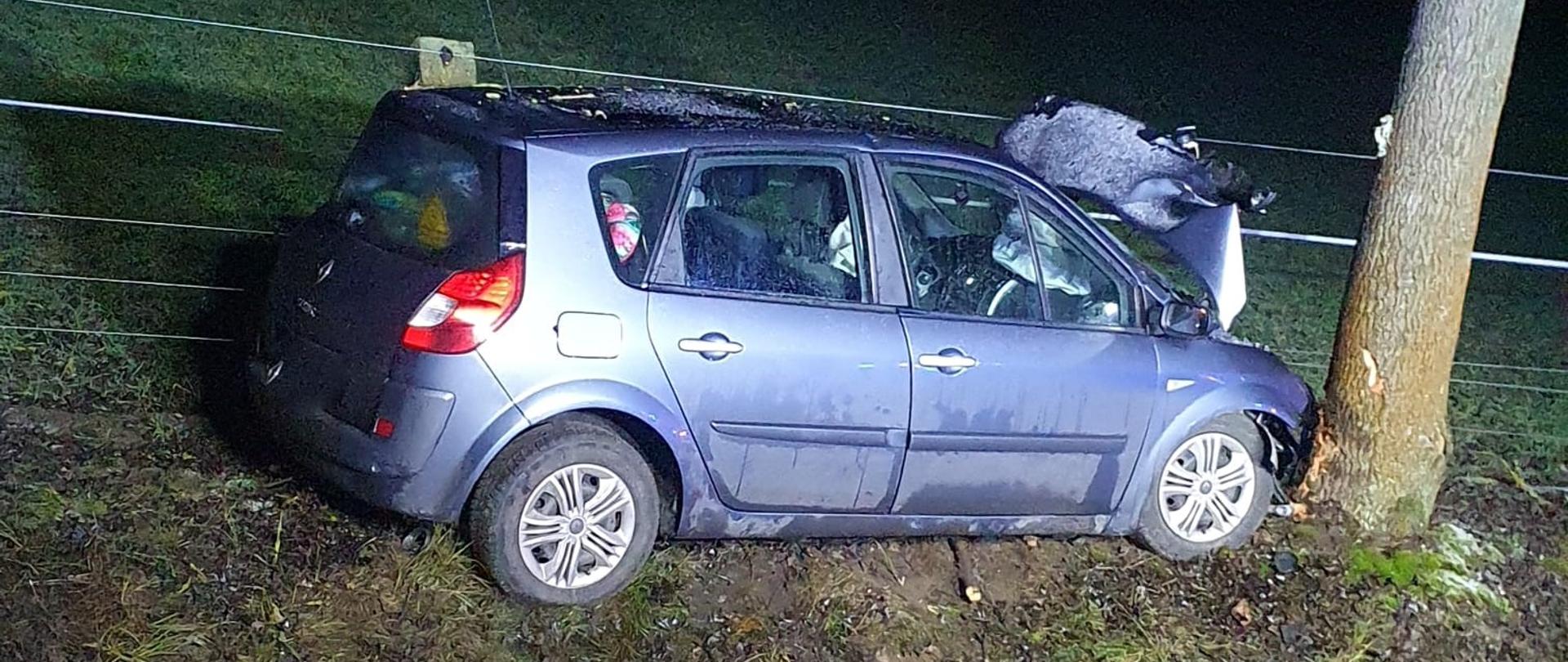 Zdjęcie przedstawia pojazd osobowy, który uderzył w drzewo.
W tle rów przydrożny oraz pole.
